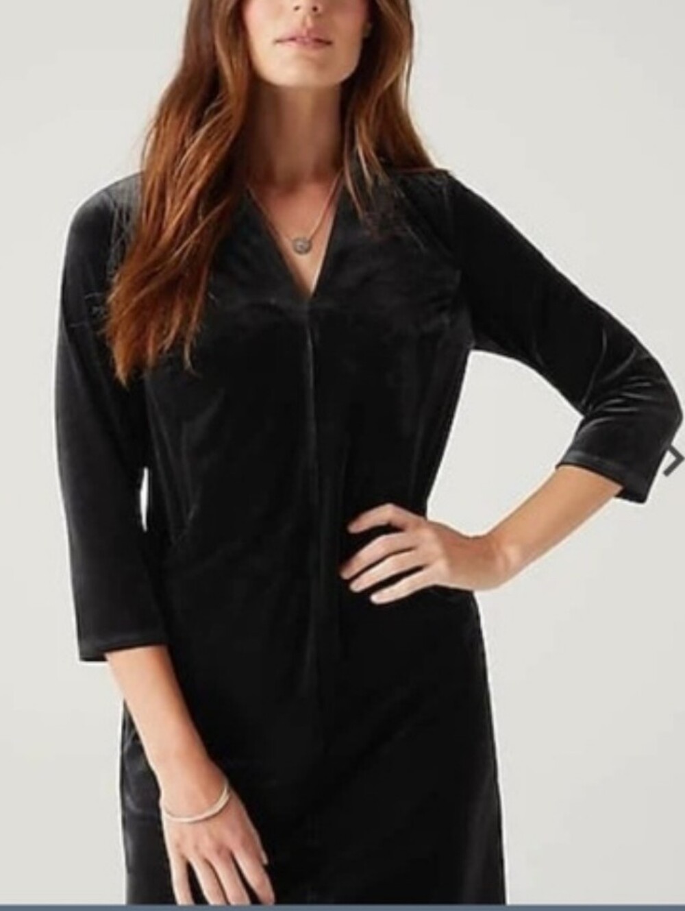 J. Jill Black Velvet  V-Neck Dress Three-Quarter Sleeves